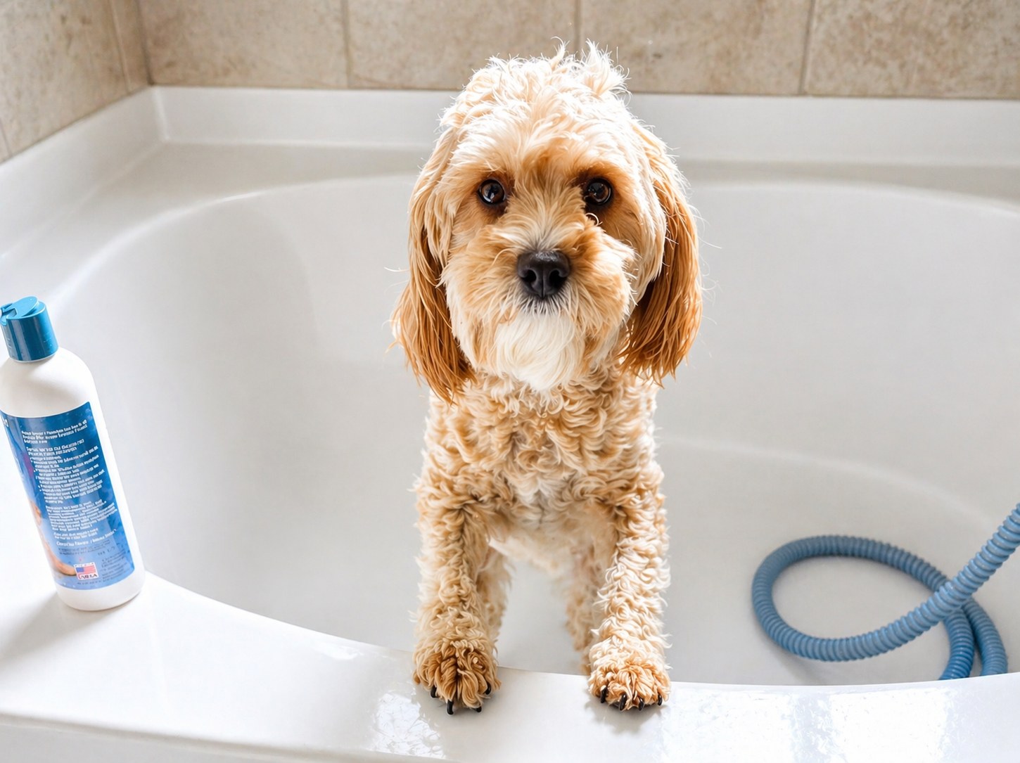 Alfie standing in the bathtub before bath time.